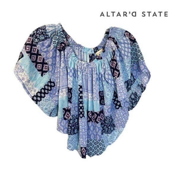 Altar'd State Off Shoulder Patchwork‎ Crop Top Women's Boho Peasant Crop - Picture 4 of 9